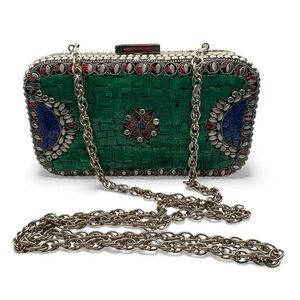 Handmade Mosaic Stone Clutch – Green Red Blue Inlay – NEW Artisanal Evening Bag